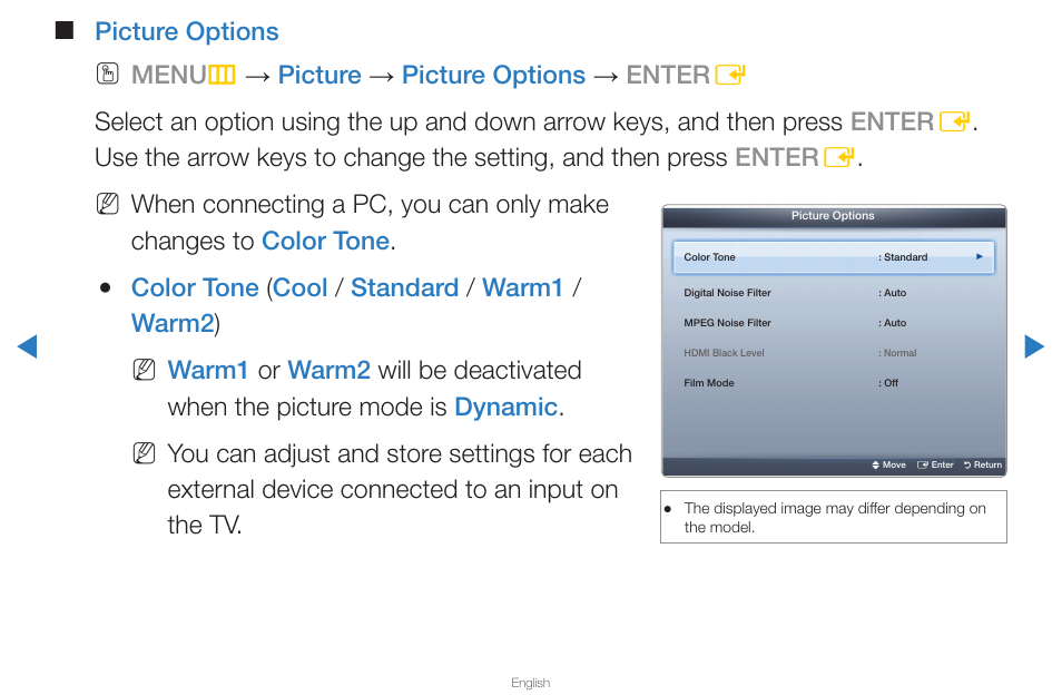 Picture options, Color tone ( cool / standard / warm1 / warm2 ) | Samsung PN43D430A3DXZA User Manual | Page 36 / 212