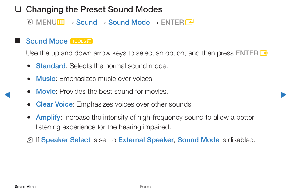 Changing the preset sound modes | Samsung PN43D430A3DXZA User Manual | Page 44 / 212