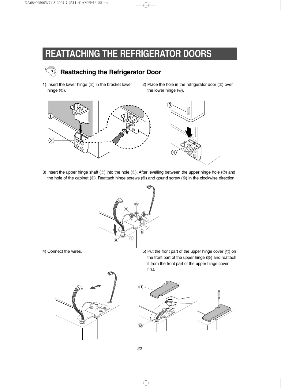 Reattaching the refrigerator doors, Reattaching the refrigerator door | Samsung RS2777SL-XAA User Manual | Page 22 / 32