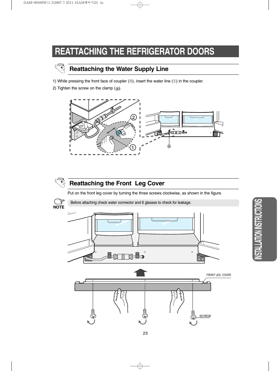 Inst alla tion instructions, Reattaching the refrigerator doors | Samsung RS2777SL-XAA User Manual | Page 23 / 32