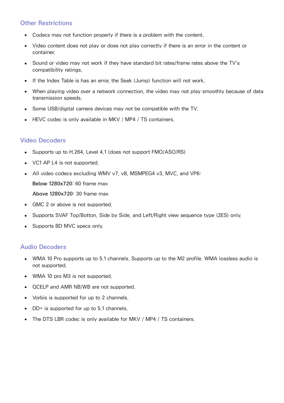 Other restrictions, Video decoders, Audio decoders | Samsung UN32H5500AFXZA User Manual | Page 217 / 225