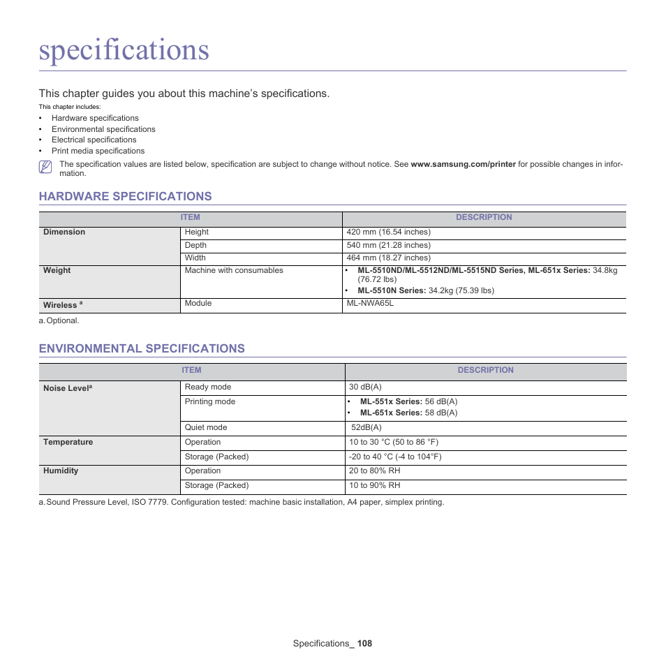 Specifications, 108 specifications, Hardware specifications | Environmental specifications | Samsung ML-6512ND-XAA User Manual | Page 108 / 130