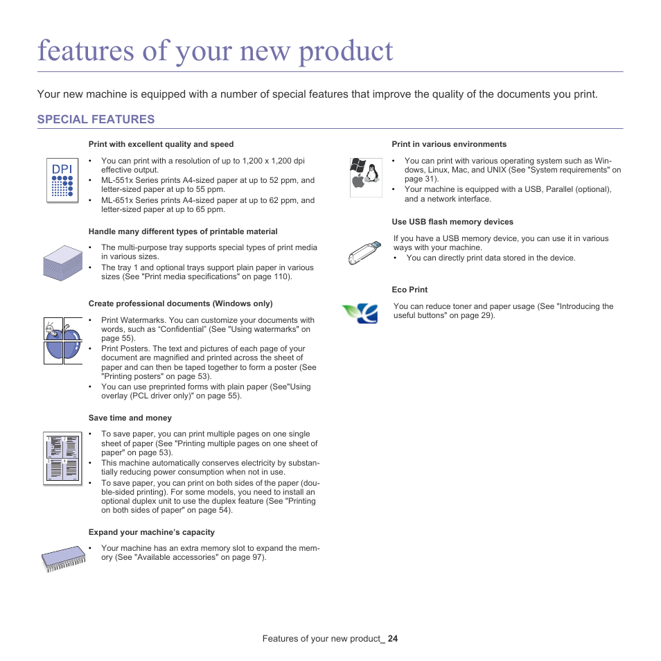 Features of your new product, 24 features of your new product, Special features | Samsung ML-6512ND-XAA User Manual | Page 24 / 130