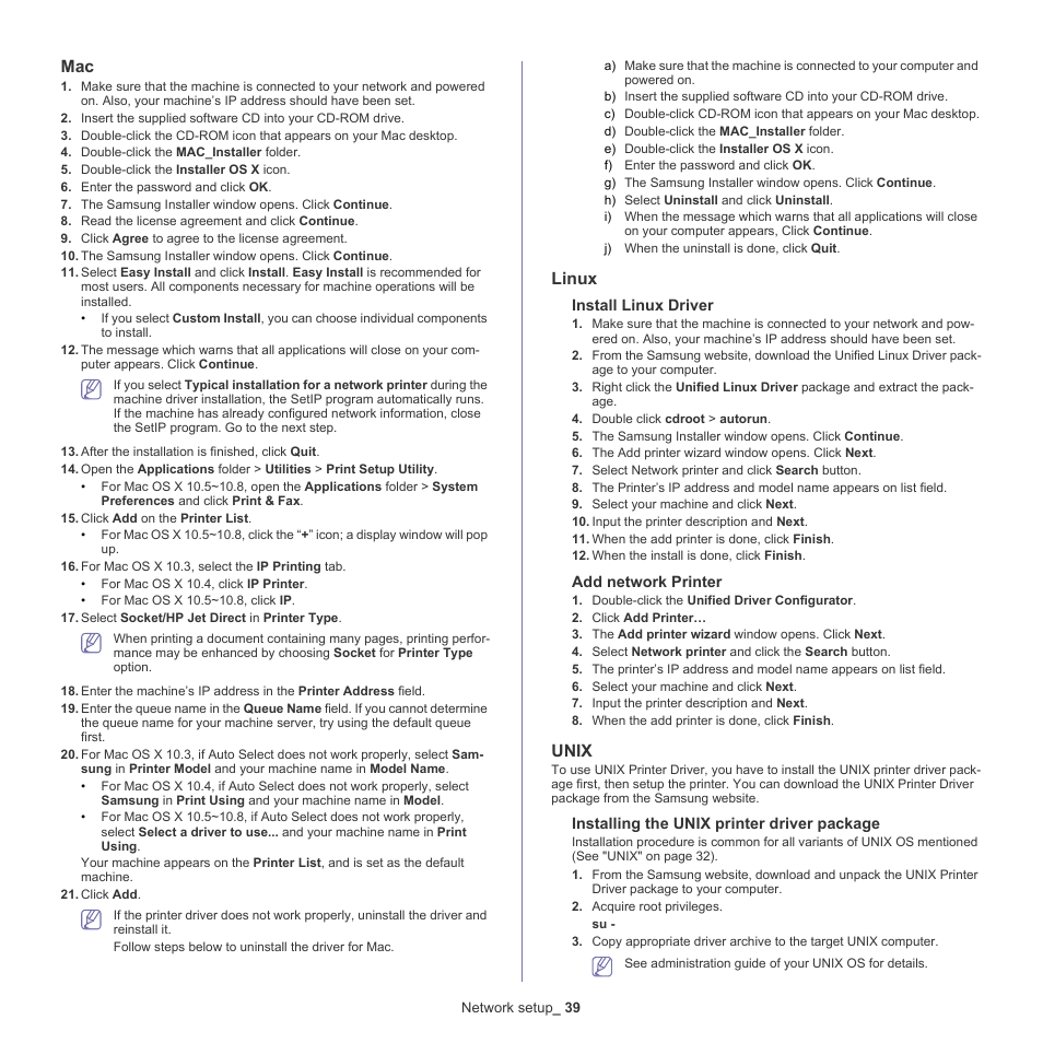 Linux, Unix | Samsung ML-6512ND-XAA User Manual | Page 39 / 130