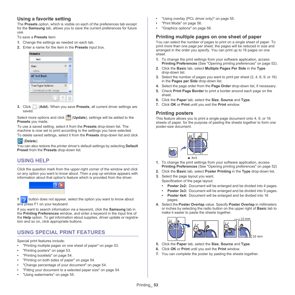 Using a favorite setting, Using help, Using special print features | Printing posters, 53 using help 53 using special print features, Printing multiple pages on one sheet of paper | Samsung ML-6512ND-XAA User Manual | Page 53 / 130