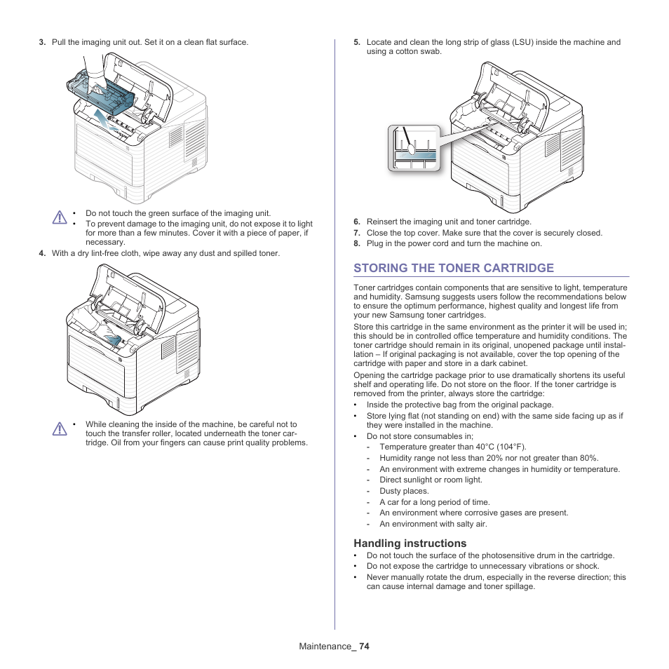 Storing the toner cartridge, Handling instructions, 74 storing the toner cartridge | Samsung ML-6512ND-XAA User Manual | Page 74 / 130