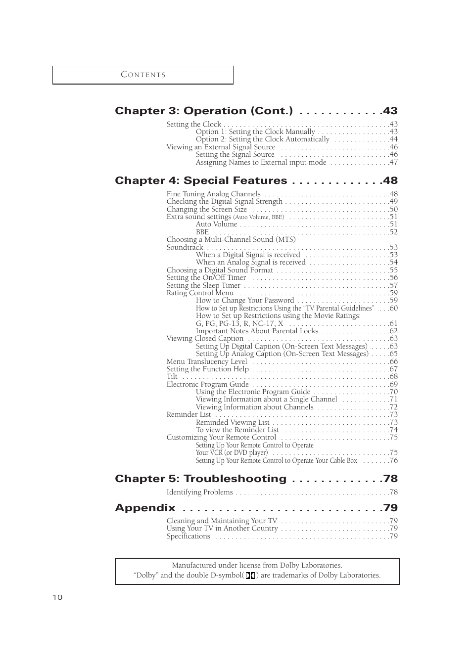 Chapter 3: operation (cont.), Chapter 4: special features, Chapter 5: troubleshooting | Appendix | Samsung TSN3084WHDXXAA User Manual | Page 10 / 79