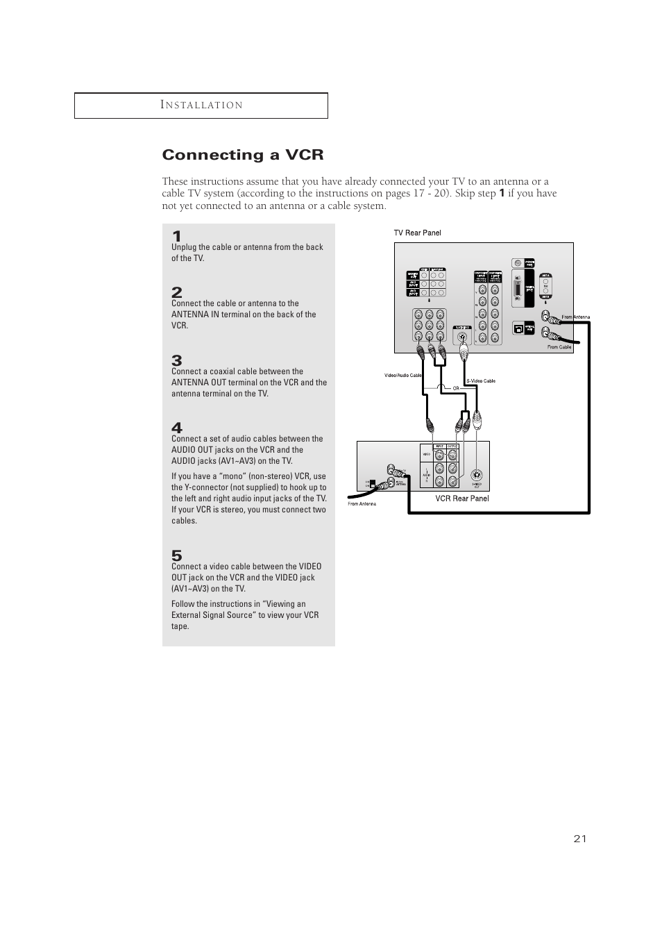 Connecting a vcr | Samsung TSN3084WHDXXAA User Manual | Page 21 / 79