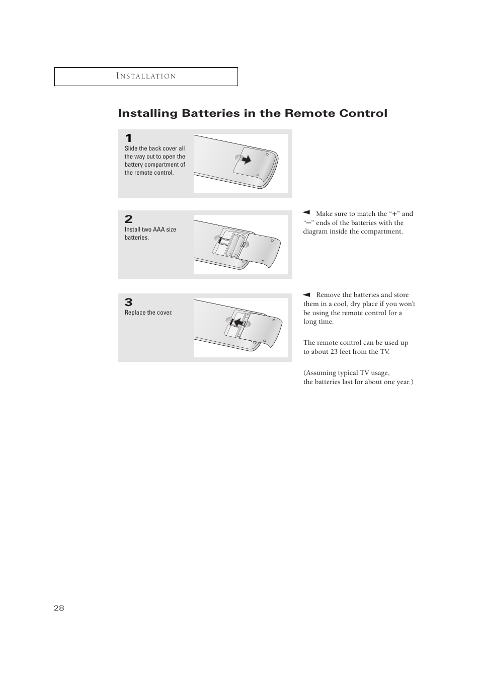 Installing batteries in the remote control | Samsung TSN3084WHDXXAA User Manual | Page 28 / 79