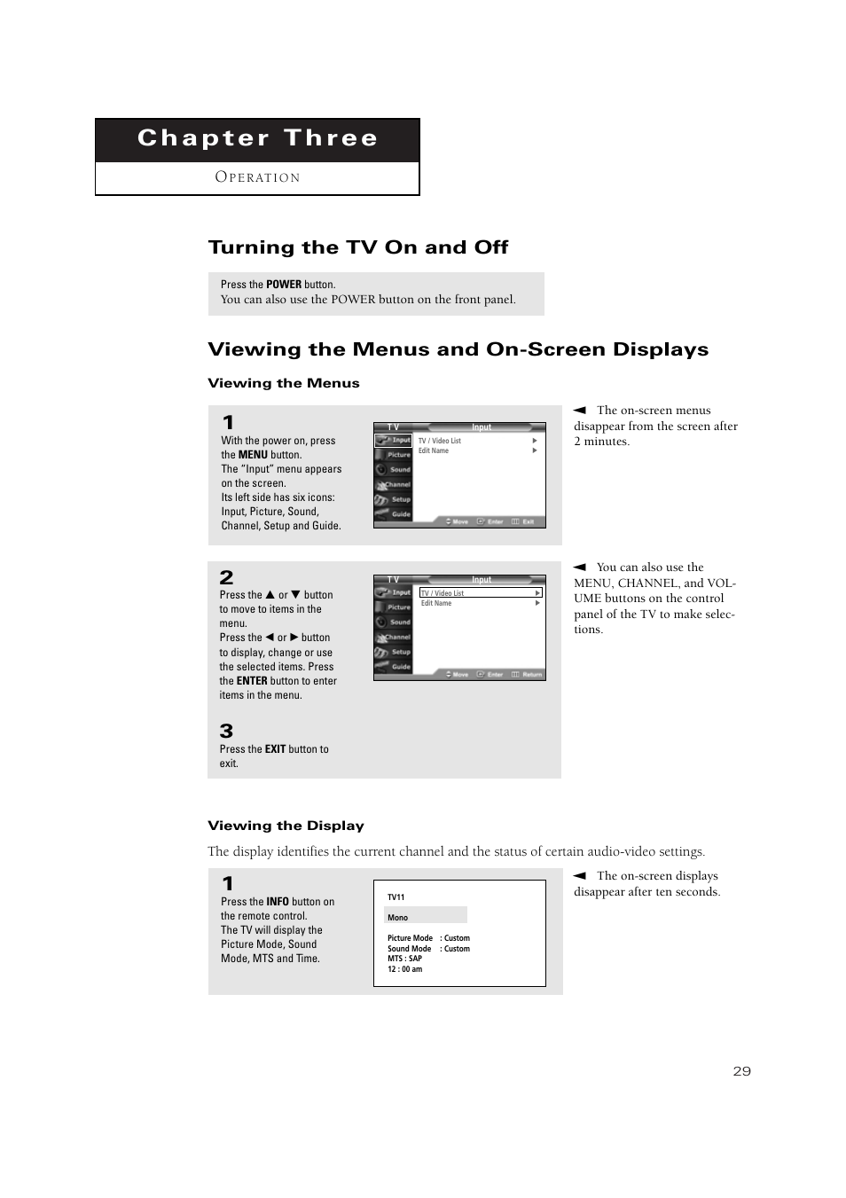 Turning the tv on and off, Viewing the menus and on-screen displays | Samsung TSN3084WHDXXAA User Manual | Page 29 / 79