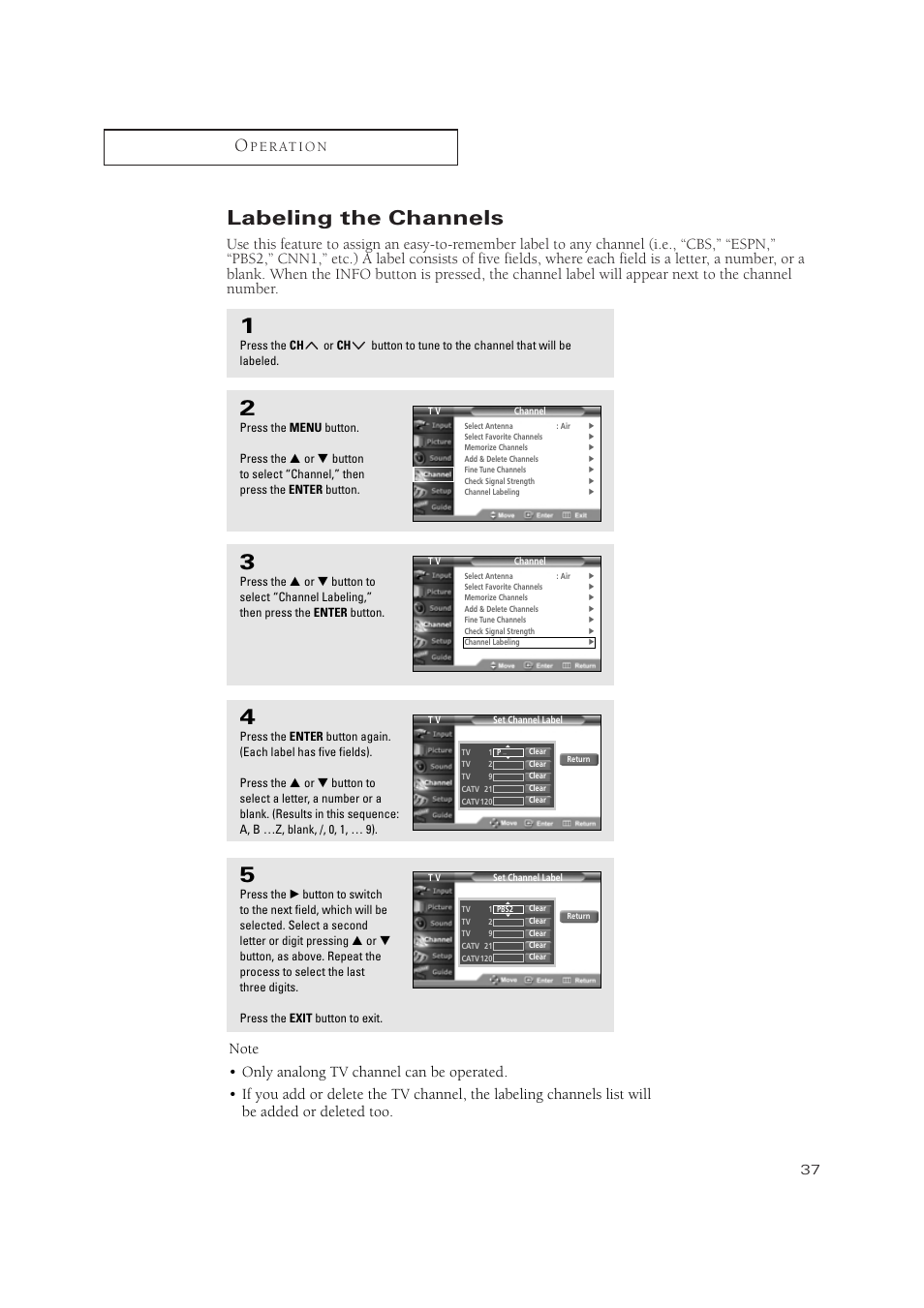 Labeling the channels, P e r at i o n | Samsung TSN3084WHDXXAA User Manual | Page 37 / 79