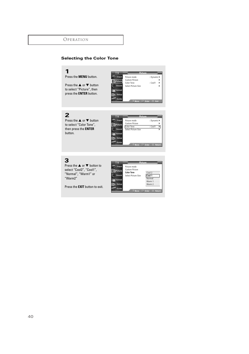 P e r at i o n, Selecting the color tone | Samsung TSN3084WHDXXAA User Manual | Page 40 / 79