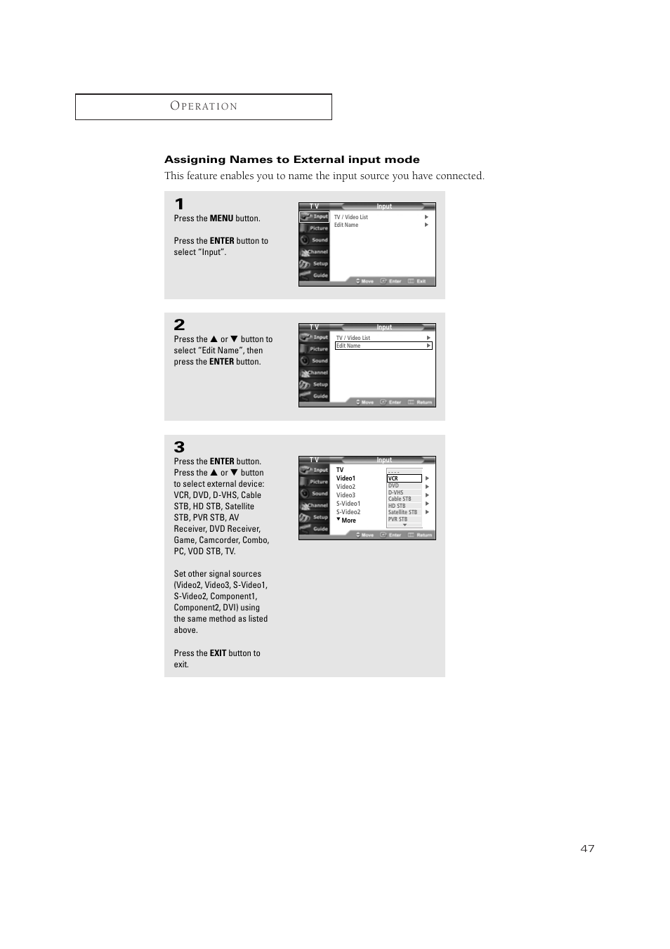 P e r at i o n, Assigning names to external input mode | Samsung TSN3084WHDXXAA User Manual | Page 47 / 79