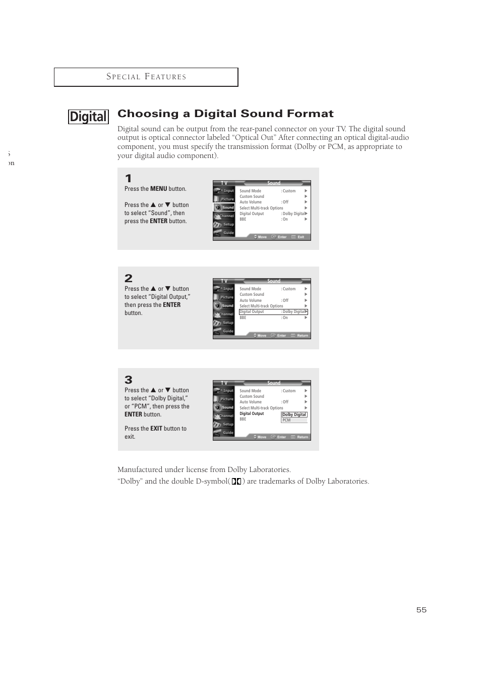 Digital, Choosing a digital sound format, S on | Samsung TSN3084WHDXXAA User Manual | Page 55 / 79