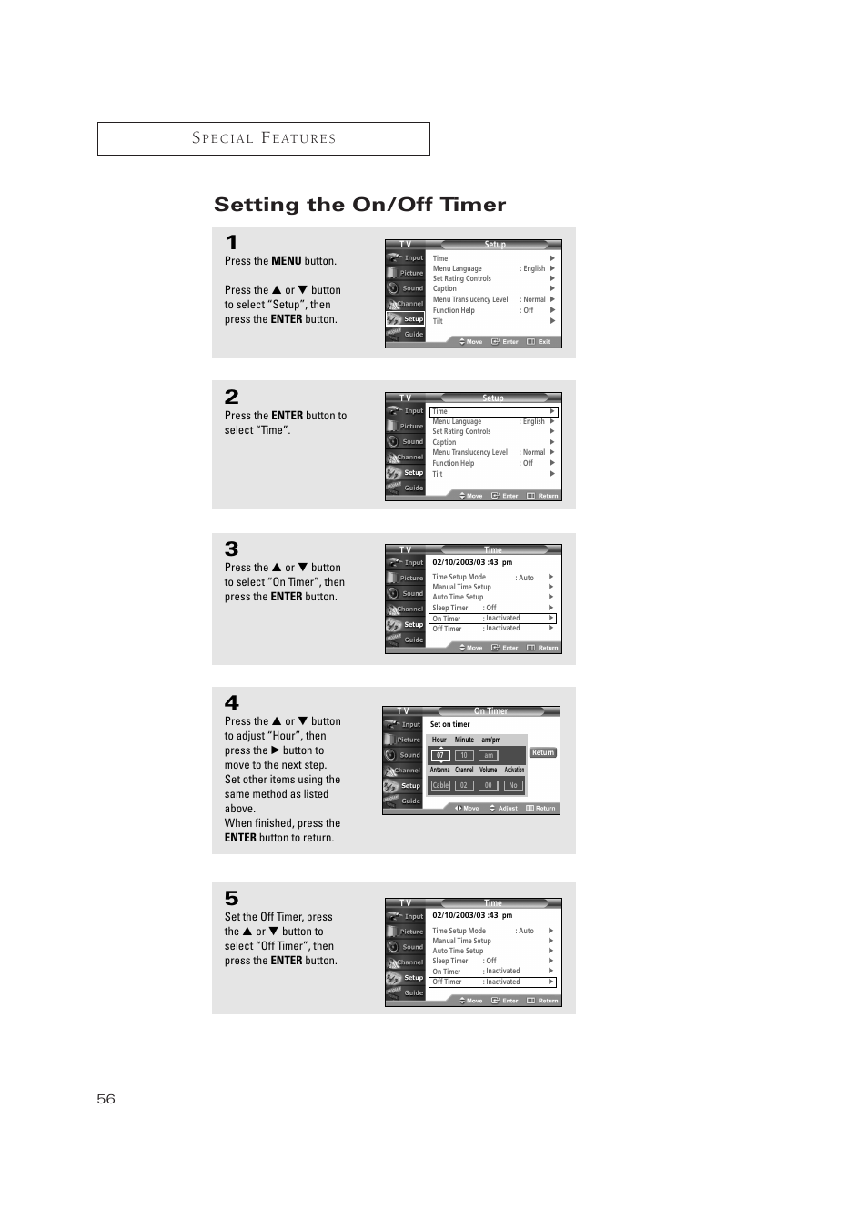 Setting the on/off timer | Samsung TSN3084WHDXXAA User Manual | Page 56 / 79