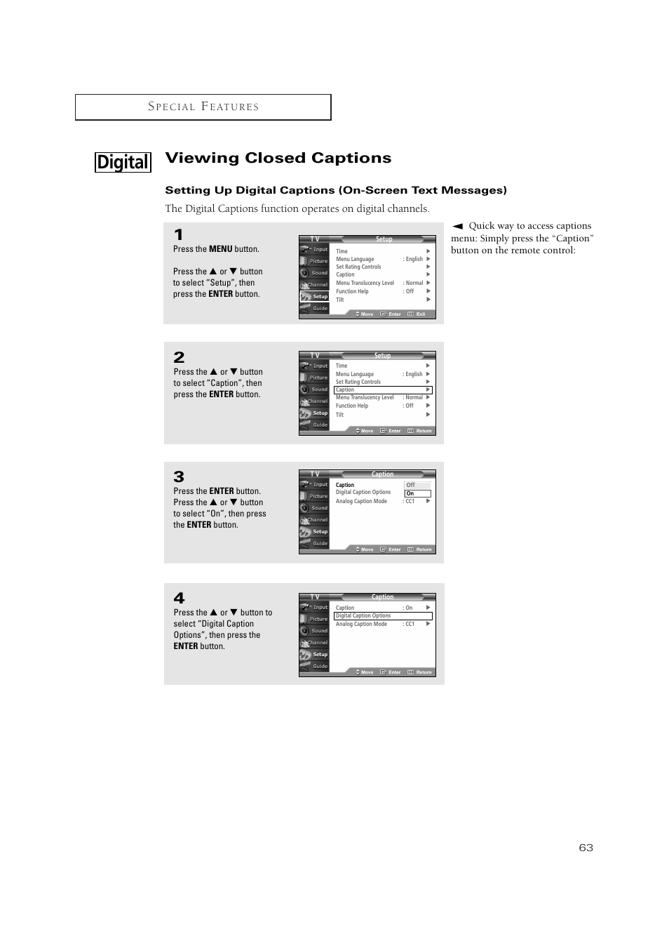 Digital, Viewing closed captions | Samsung TSN3084WHDXXAA User Manual | Page 63 / 79