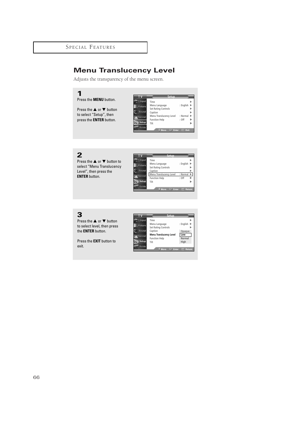Menu translucency level, Adjusts the transparency of the menu screen | Samsung TSN3084WHDXXAA User Manual | Page 66 / 79