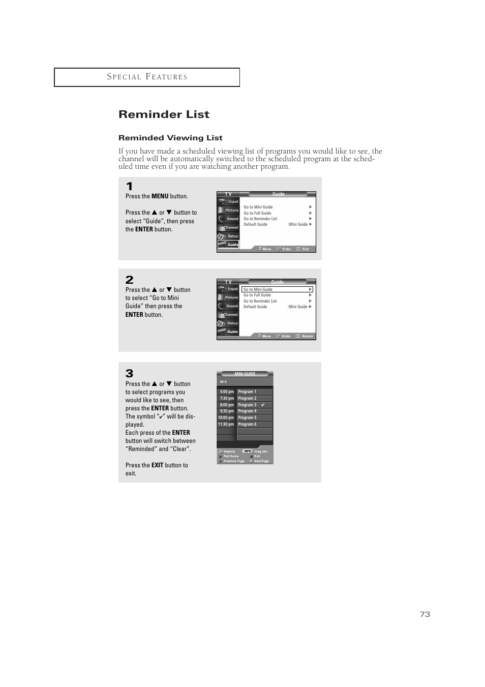 Reminder list | Samsung TSN3084WHDXXAA User Manual | Page 73 / 79