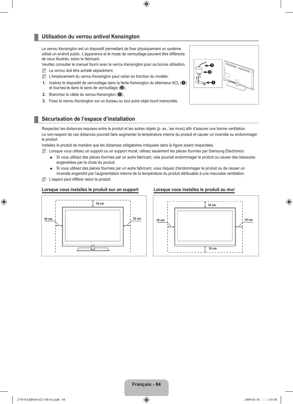 Utilisation du verrou antivol kensington, Sécurisation de l’espace d’installation | Samsung LN40B750U1FXZA User Manual | Page 283 / 290