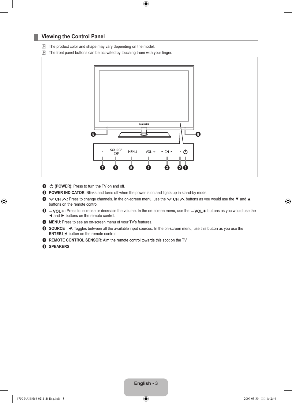Viewing the control panel | Samsung LN40B750U1FXZA User Manual | Page 5 / 290