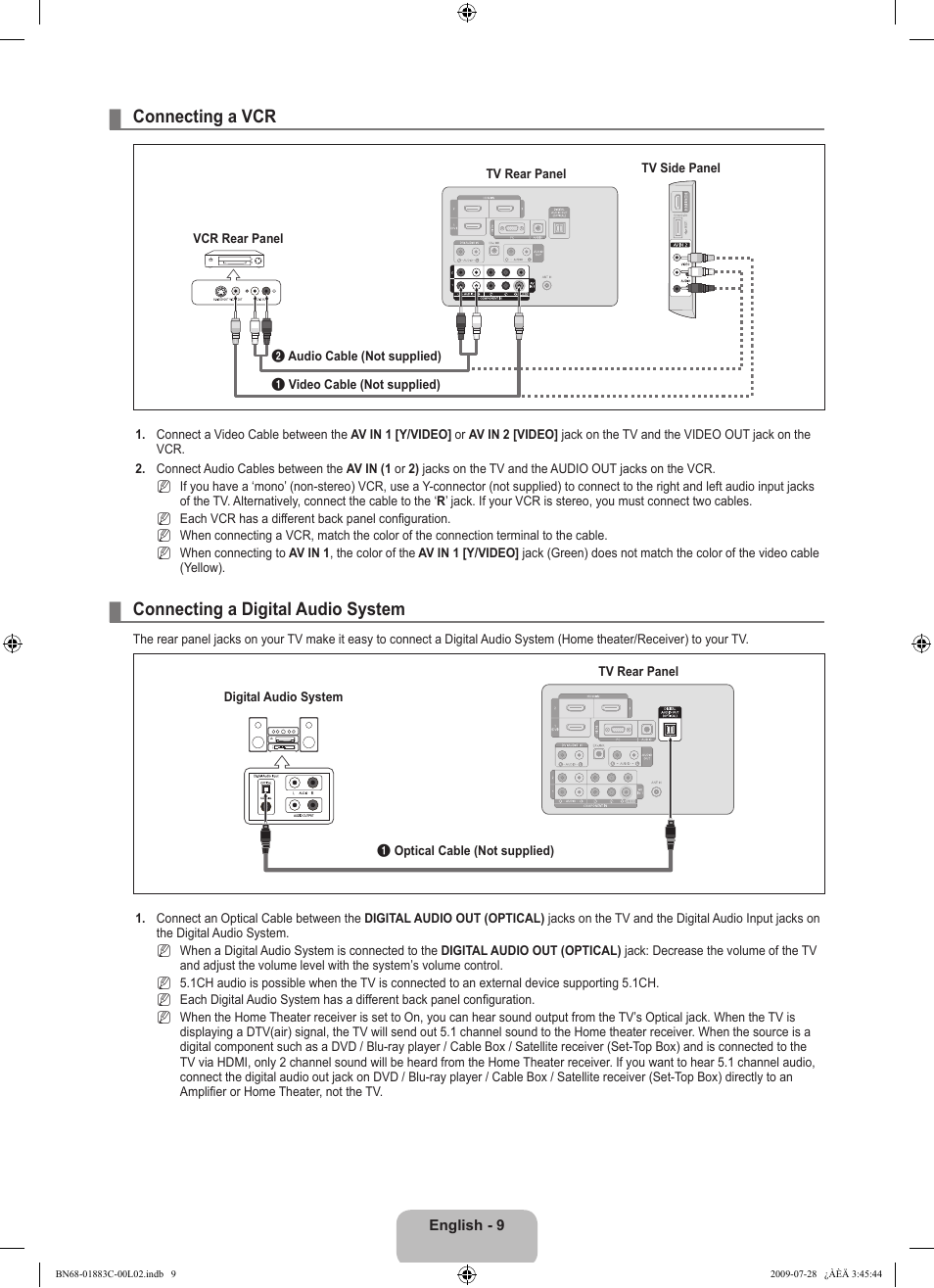 Connecting a vcr, Connecting a digital audio system | Samsung LN32B550K1FXZA User Manual | Page 11 / 101