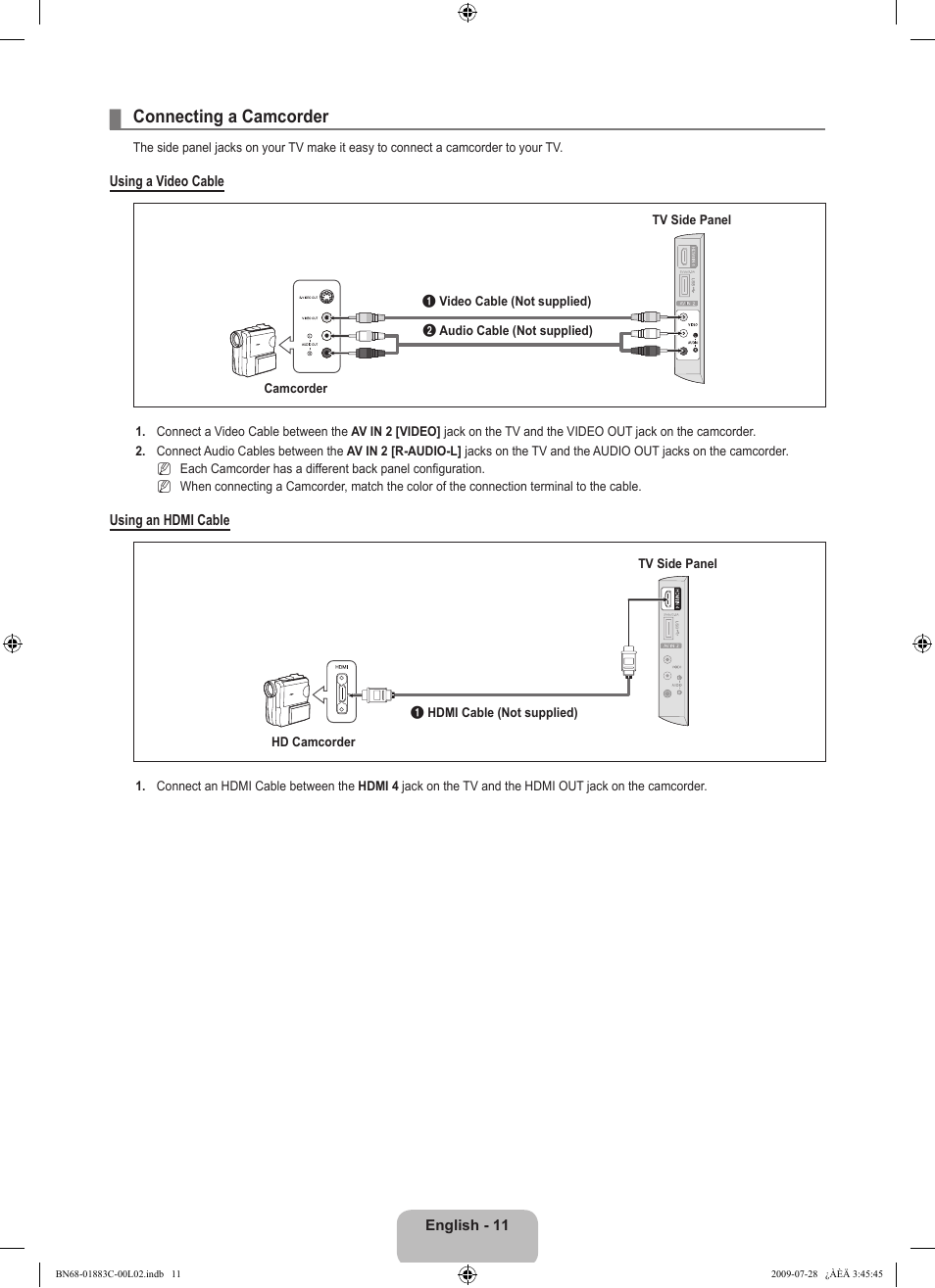 Connecting a camcorder | Samsung LN32B550K1FXZA User Manual | Page 13 / 101
