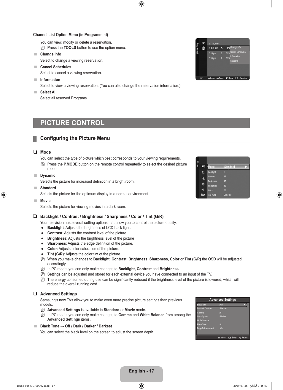 Picture control, Configuring the picture menu, Mode | Advanced settings | Samsung LN32B550K1FXZA User Manual | Page 19 / 101