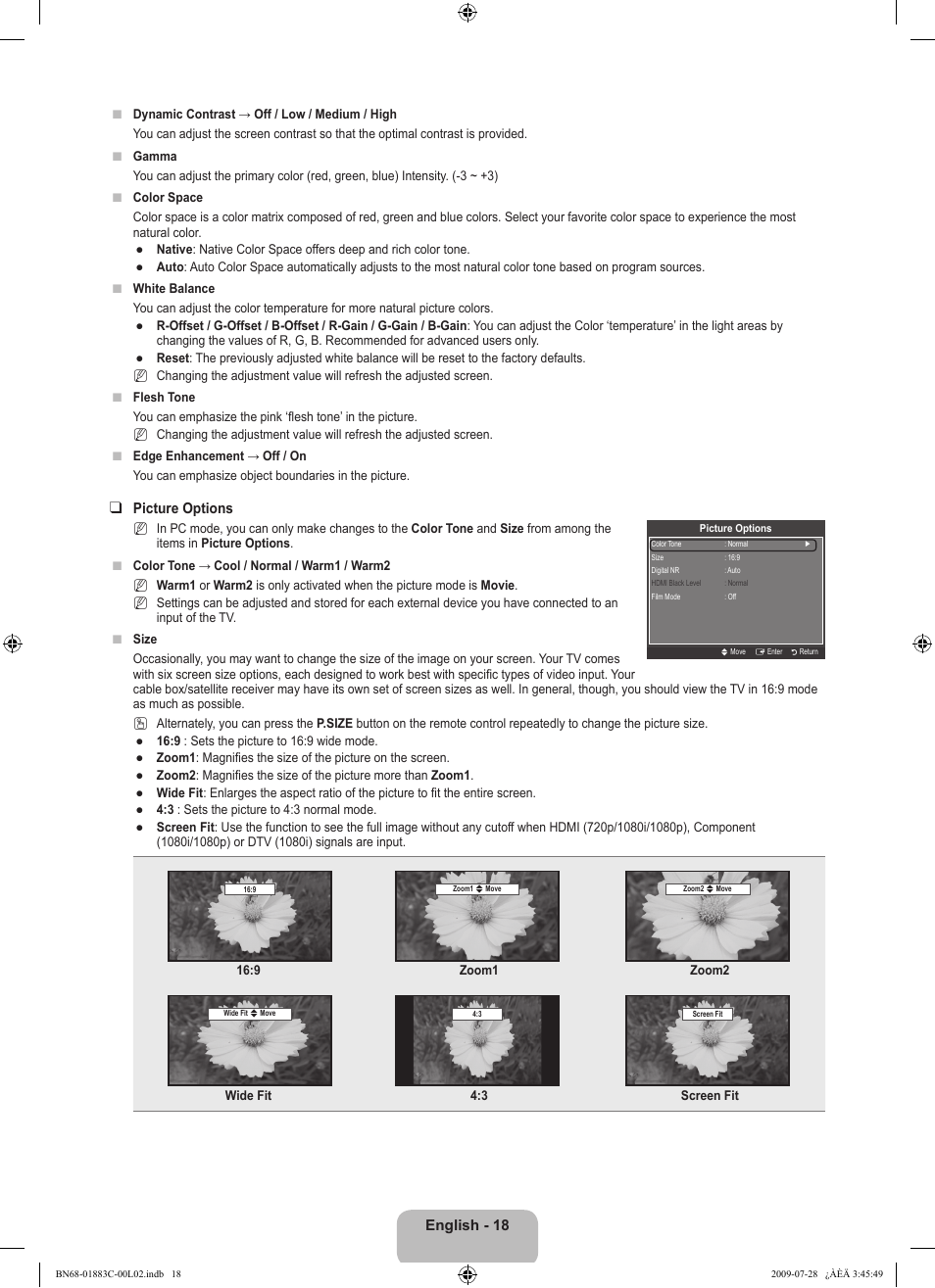 English - 18, Picture options | Samsung LN32B550K1FXZA User Manual | Page 20 / 101