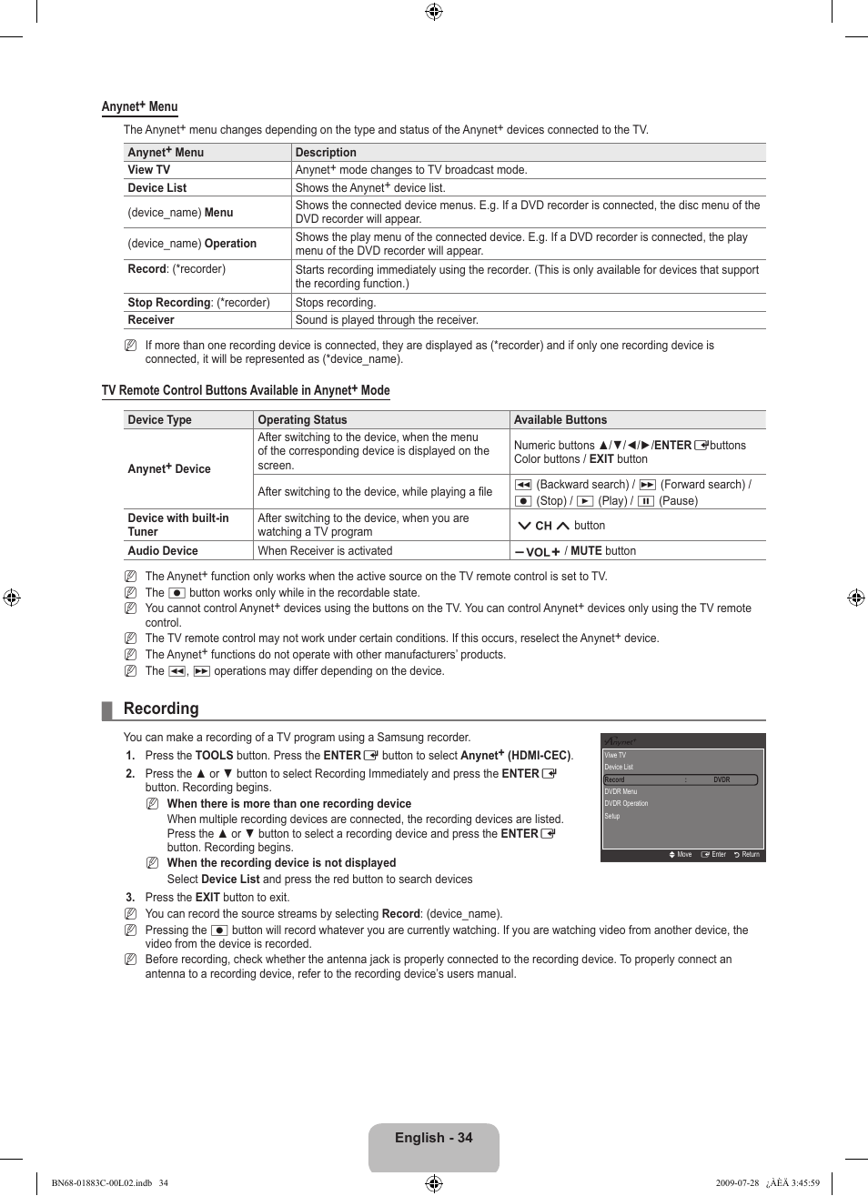 Recording | Samsung LN32B550K1FXZA User Manual | Page 36 / 101