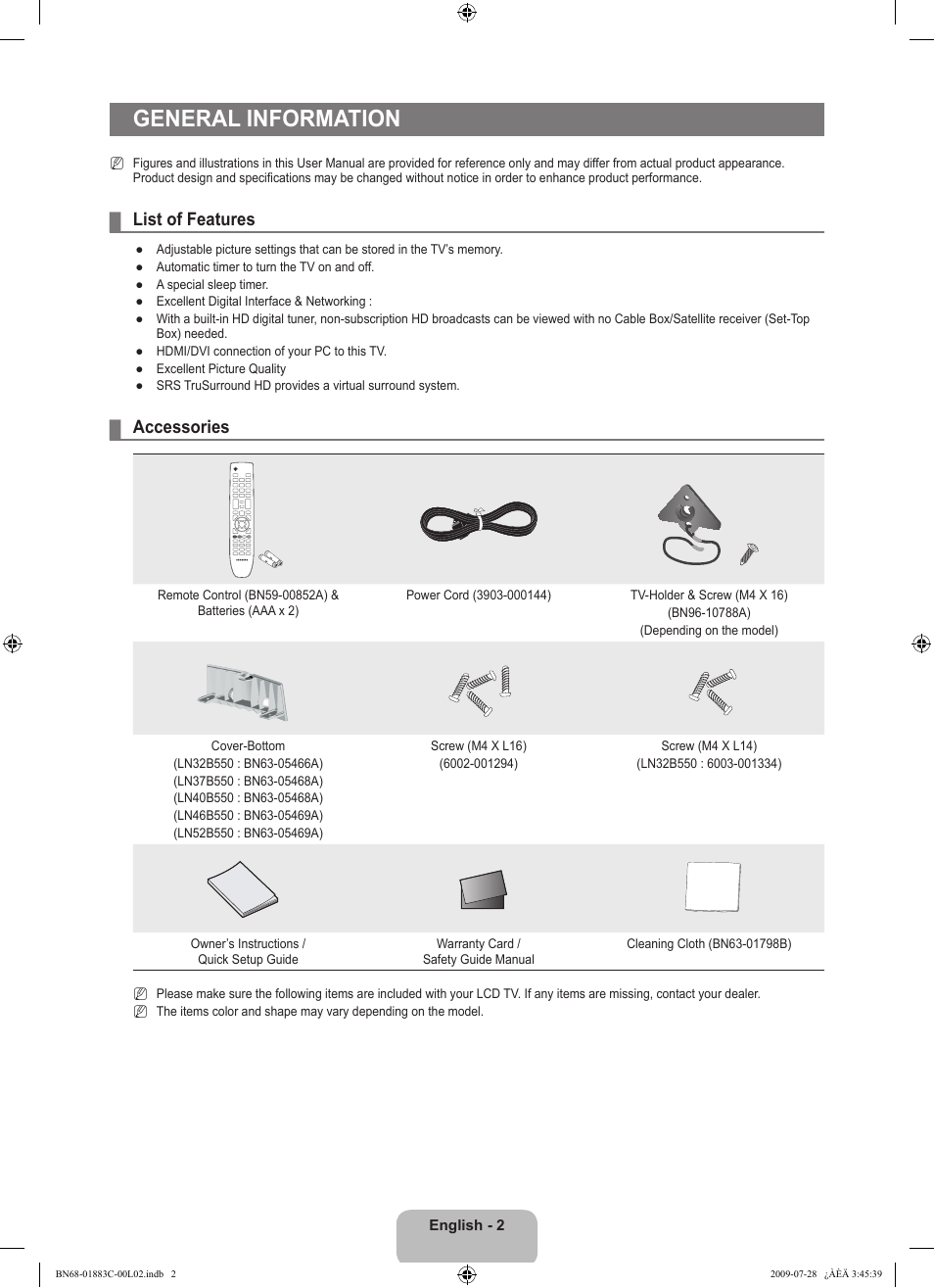 General information, List of features, Accessories | Samsung LN32B550K1FXZA User Manual | Page 4 / 101