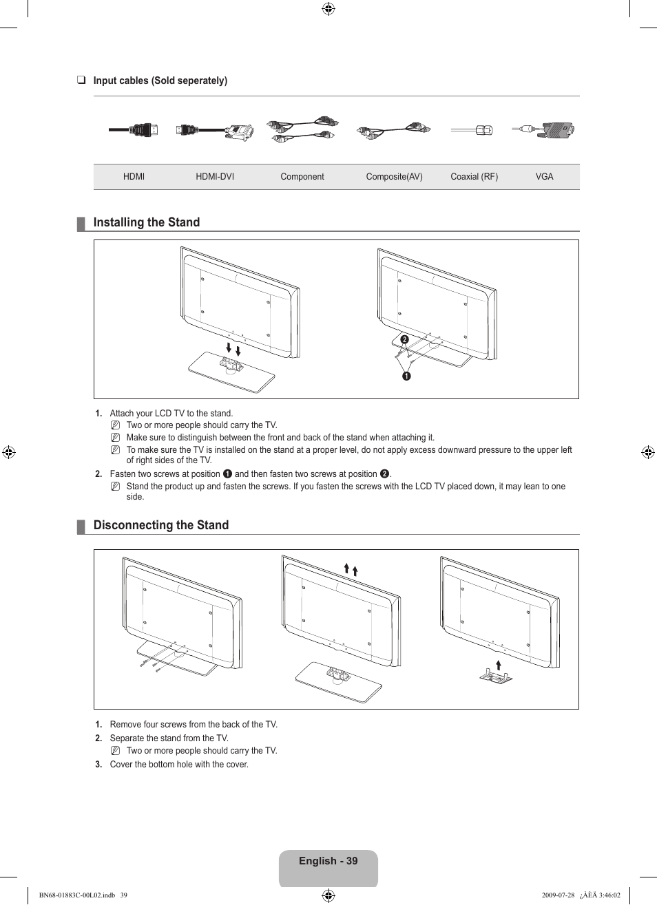 Installing the stand, Disconnecting the stand | Samsung LN32B550K1FXZA User Manual | Page 41 / 101