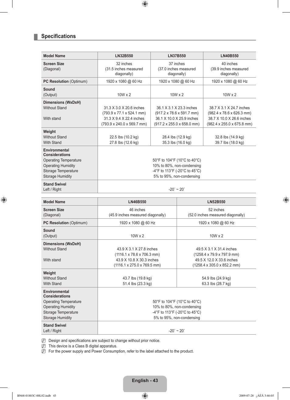 Specifications | Samsung LN32B550K1FXZA User Manual | Page 45 / 101