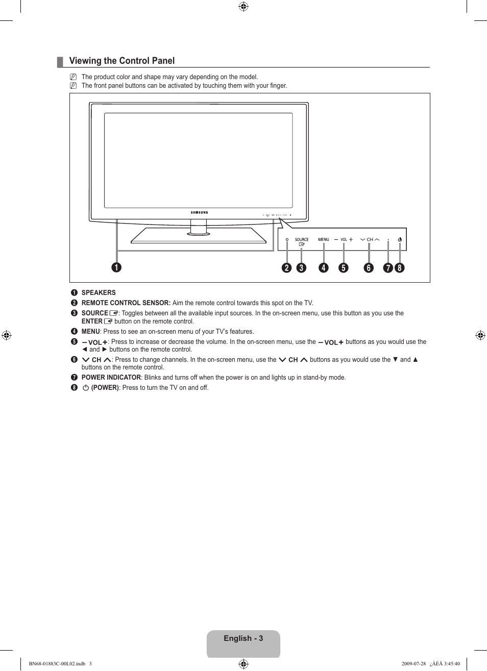 Viewing the control panel | Samsung LN32B550K1FXZA User Manual | Page 5 / 101