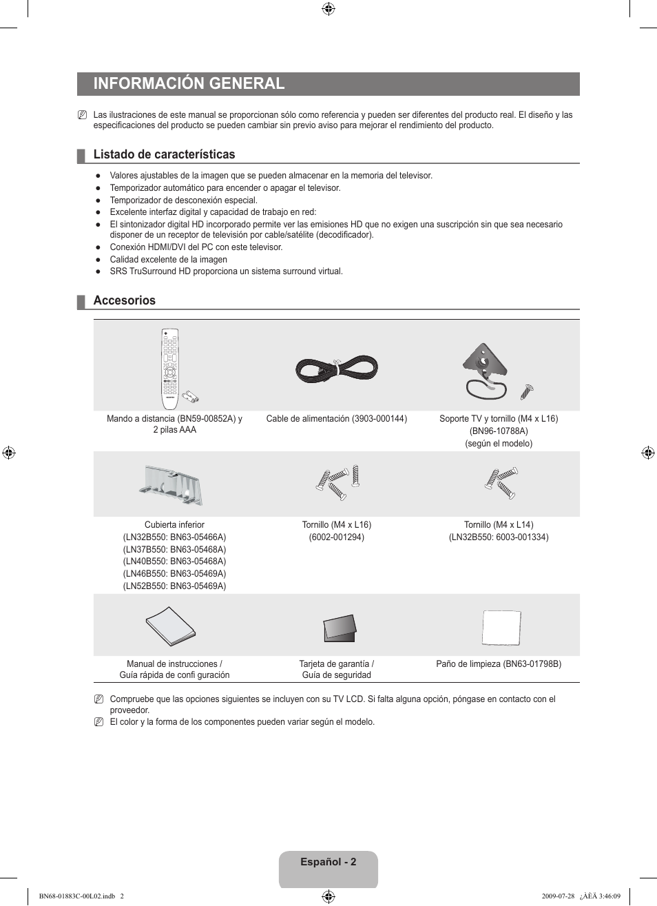 Información general, Listado de características, Accesorios | Samsung LN32B550K1FXZA User Manual | Page 54 / 101