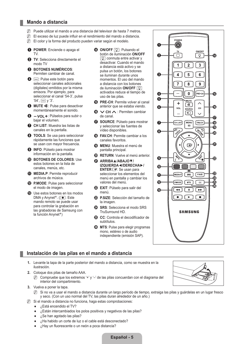 Mando a distancia, Instalación de las pilas en el mando a distancia | Samsung LN32B550K1FXZA User Manual | Page 57 / 101