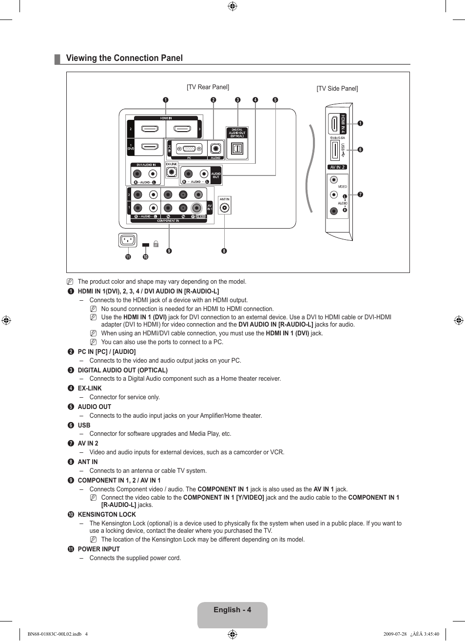 Viewing the connection panel | Samsung LN32B550K1FXZA User Manual | Page 6 / 101