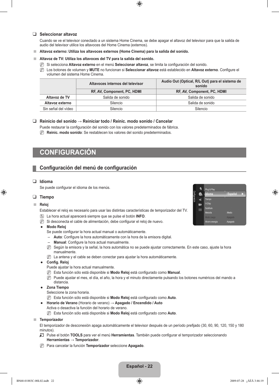 Configuración, Configuración del menú de configuración | Samsung LN32B550K1FXZA User Manual | Page 74 / 101