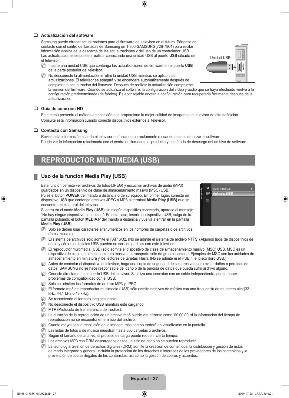 Reproductor multimedia (usb), Uso de la función media play (usb) | Samsung LN32B550K1FXZA User Manual | Page 79 / 101