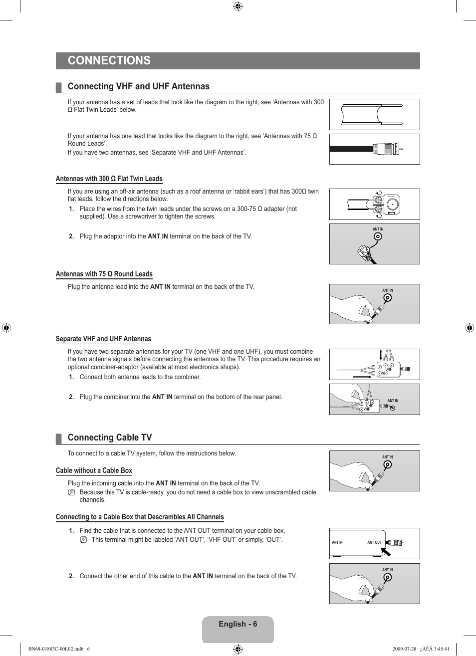 Conections, Connecting vhf and uhf antennas, Connecting cable tv | Connections | Samsung LN32B550K1FXZA User Manual | Page 8 / 101
