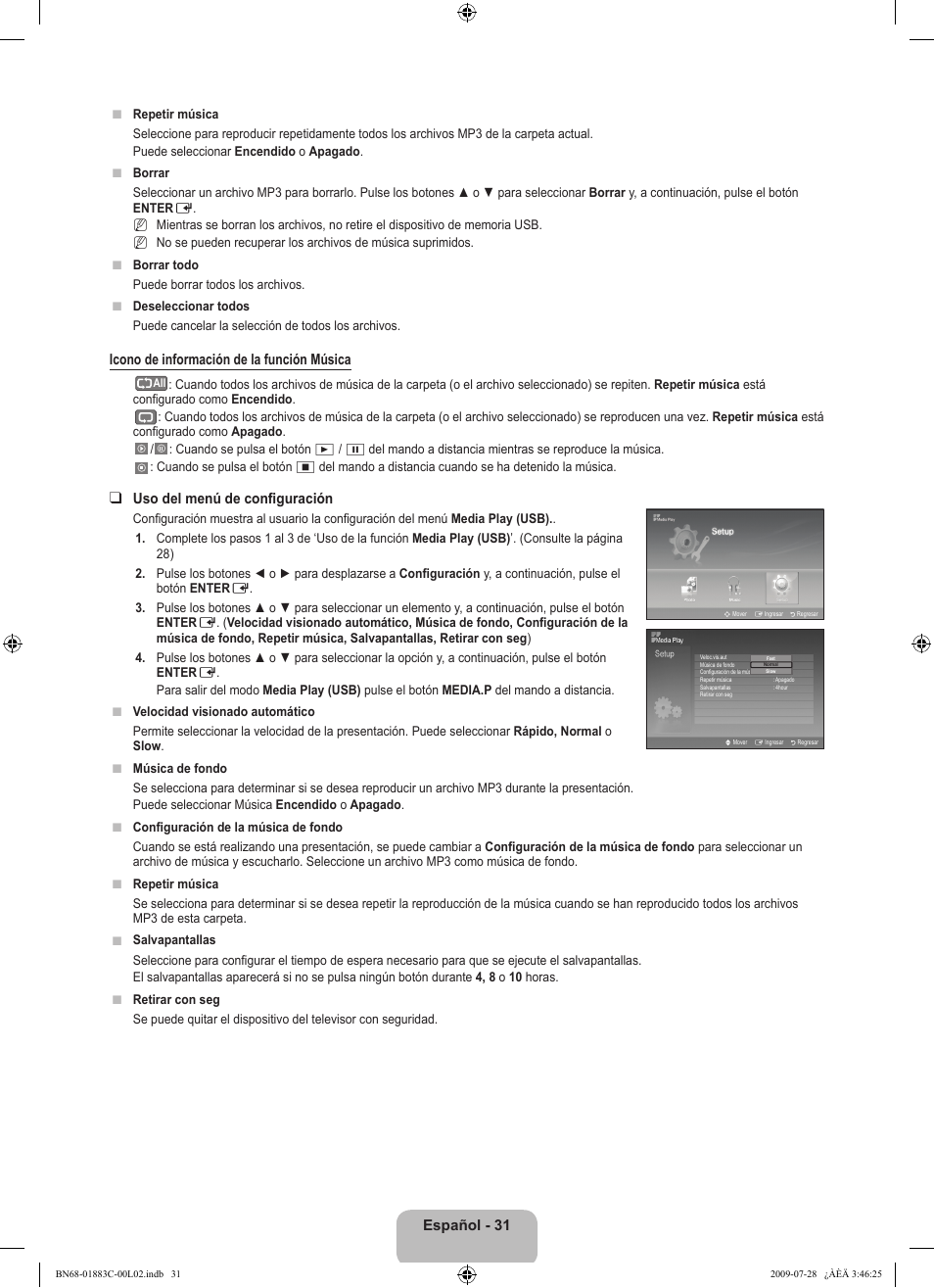 Español - 1, Icono de información de la función música, Uso del menú de configuración | Samsung LN32B550K1FXZA User Manual | Page 83 / 101