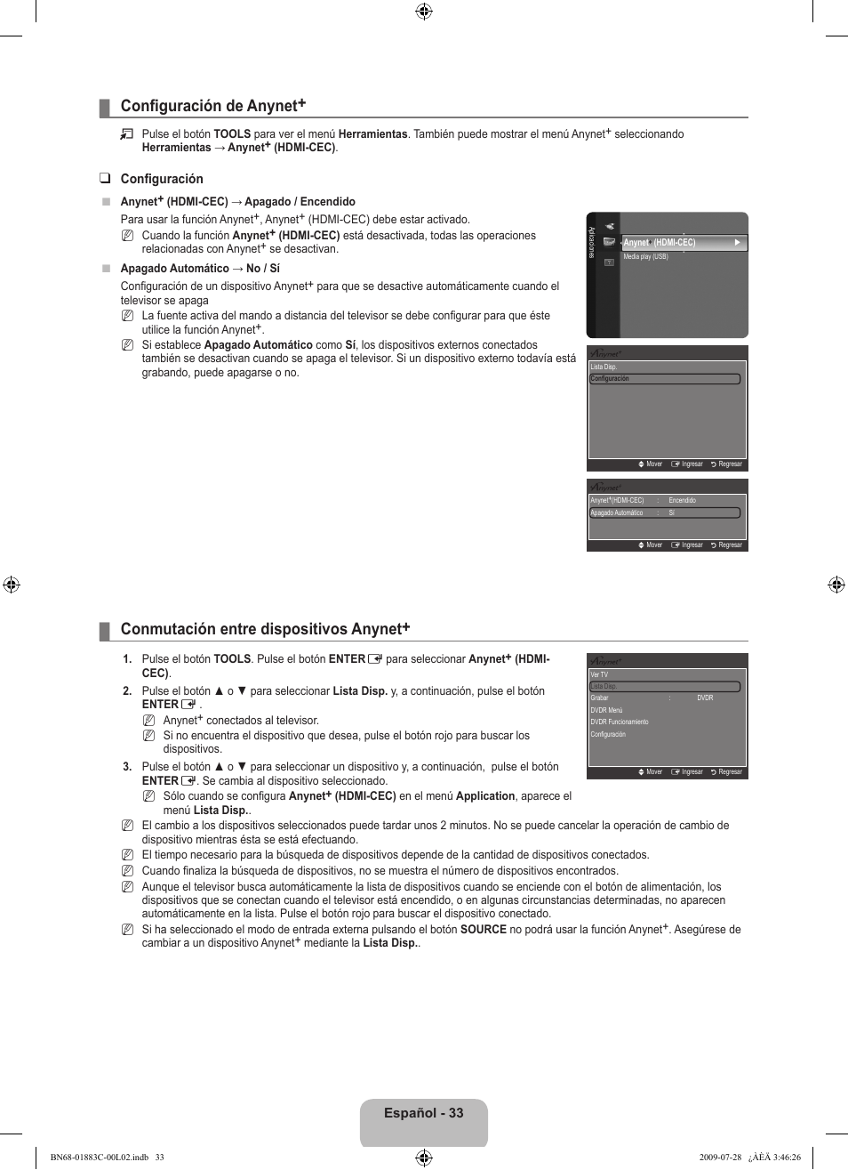 Configuración de anynet, Conmutación entre dispositivos anynet, Español | Configuración | Samsung LN32B550K1FXZA User Manual | Page 85 / 101