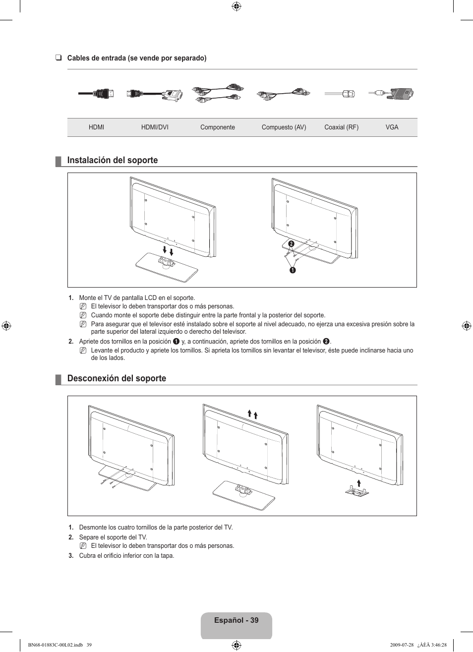 Instalación del soporte, Desconexión del soporte | Samsung LN32B550K1FXZA User Manual | Page 91 / 101