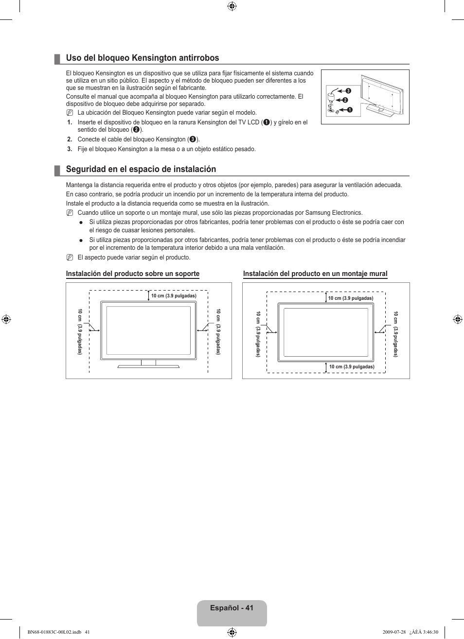 Uso del bloqueo kensington antirrobos, Seguridad en el espacio de instalación | Samsung LN32B550K1FXZA User Manual | Page 93 / 101