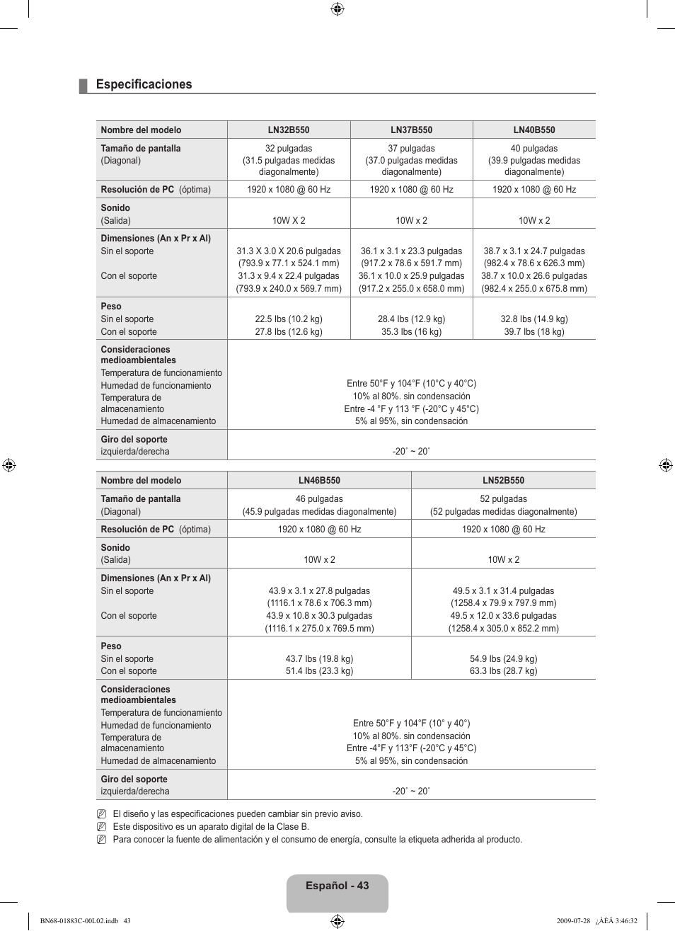Especificaciones | Samsung LN32B550K1FXZA User Manual | Page 95 / 101