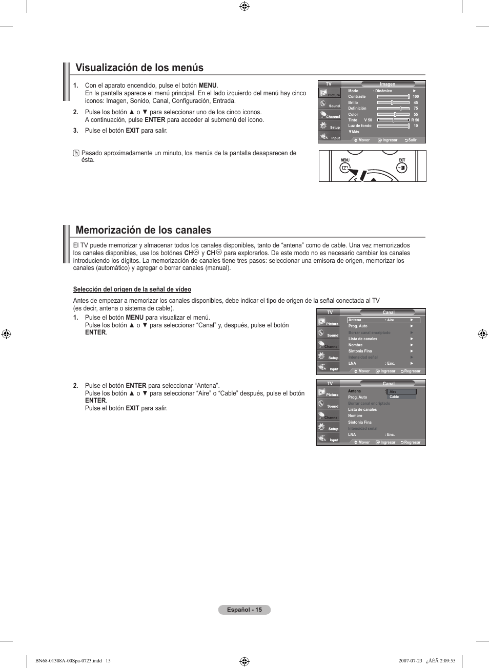 Visualización de los menús | Samsung LNT4081FX-XAA User Manual | Page 205 / 283
