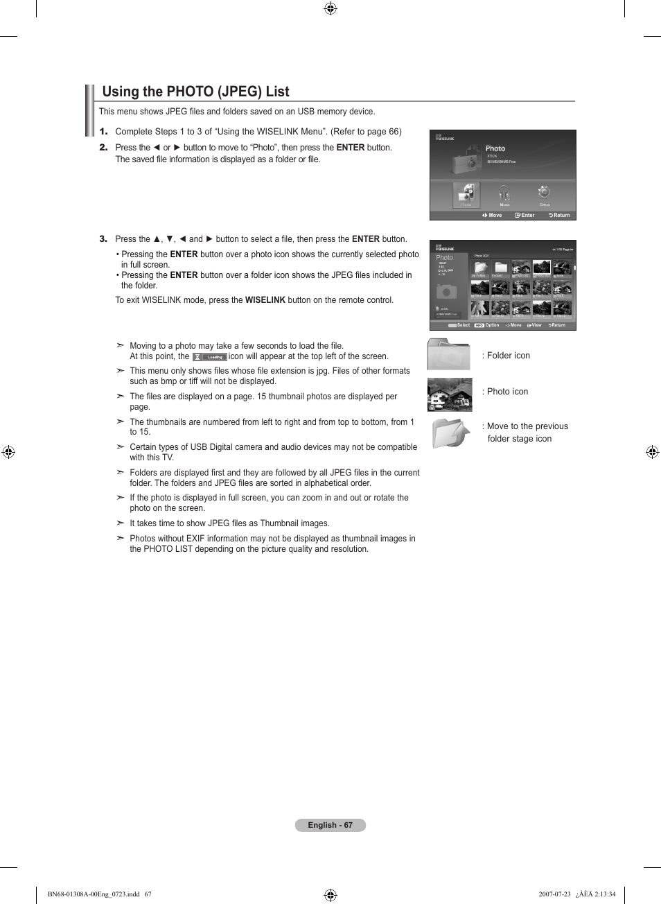 Using the photo (jpeg) list | Samsung LNT4081FX-XAA User Manual | Page 69 / 283