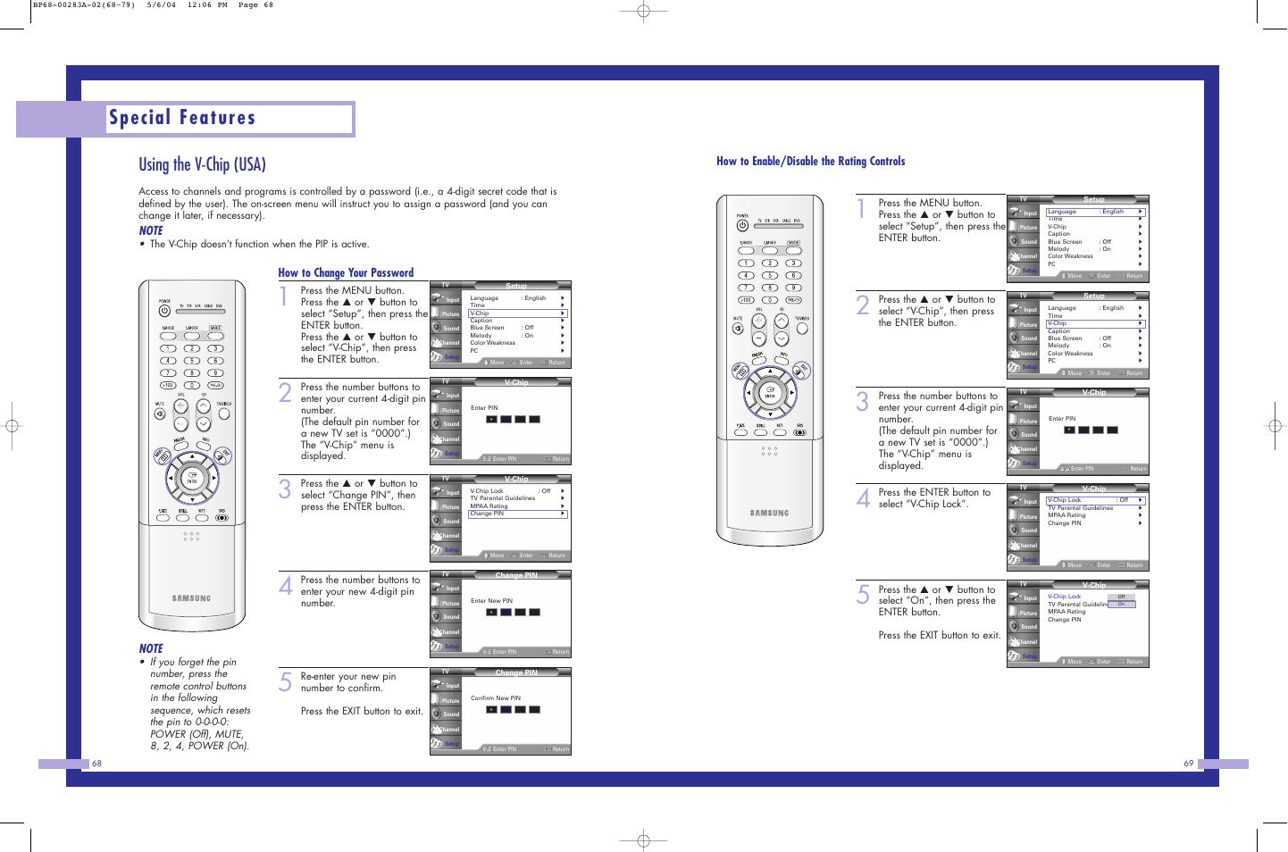 Special features, Using the v-chip (usa), How to change your password | How to enable/disable the rating controls, The v-chip doesn’t function when the pip is active, Press the enter button to select “v-chip lock | Samsung HLP5663WX-XAC User Manual | Page 35 / 46