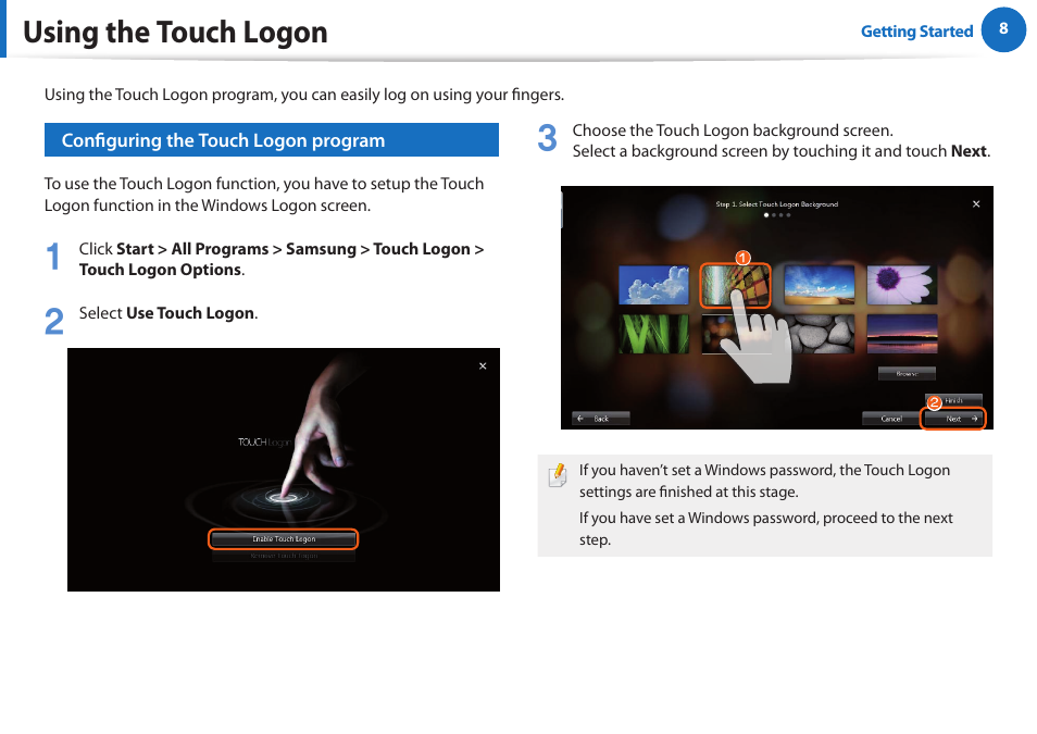 Using the touch logon | Samsung XE700T1A-A04US User Manual | Page 8 / 36