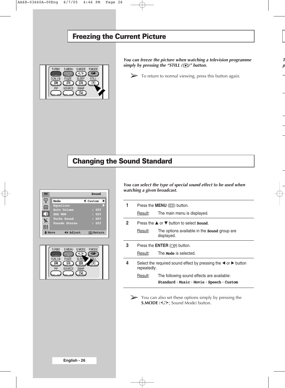 Freezing the current picture, Changing the sound standard | Samsung WS32Z306VBXXEC User Manual | Page 26 / 48