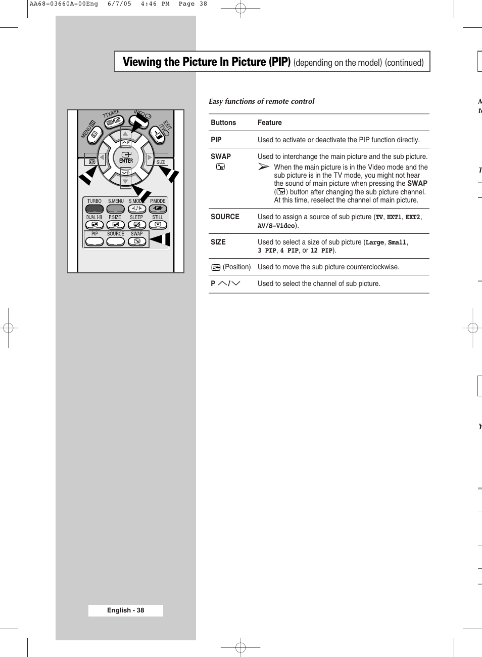 Viewing the picture in picture (pip), Depending on the model) (continued) | Samsung WS32Z306VBXXEC User Manual | Page 38 / 48